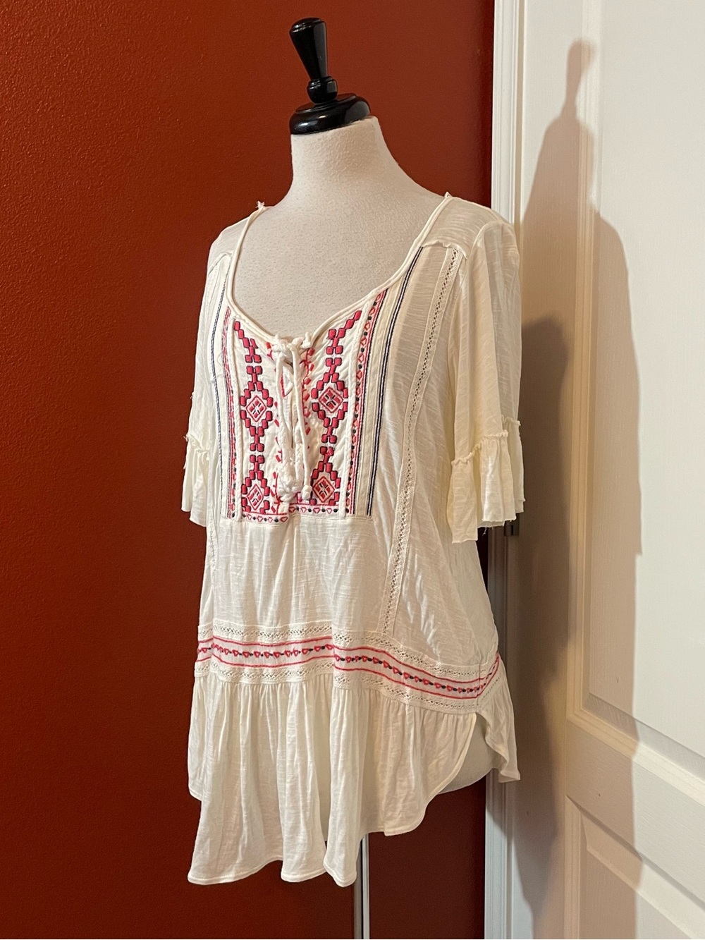 Free People Women’s Pullover Bohemian Distressed Peasant Boho Lace Tunic Top